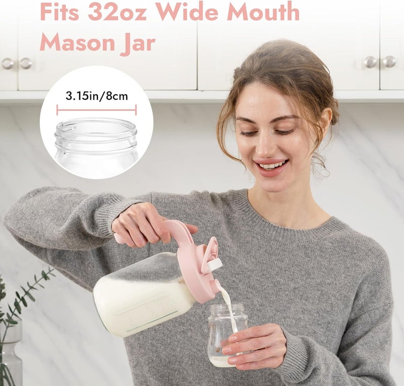 Papablic 32oz Wide Mouth Mason Jar Pour Spout Lid with Mixing Handle & Flip Locking Spout for Mixing Formula/Breastmilk/Protein Powder/Coffee, Pink - Image 3